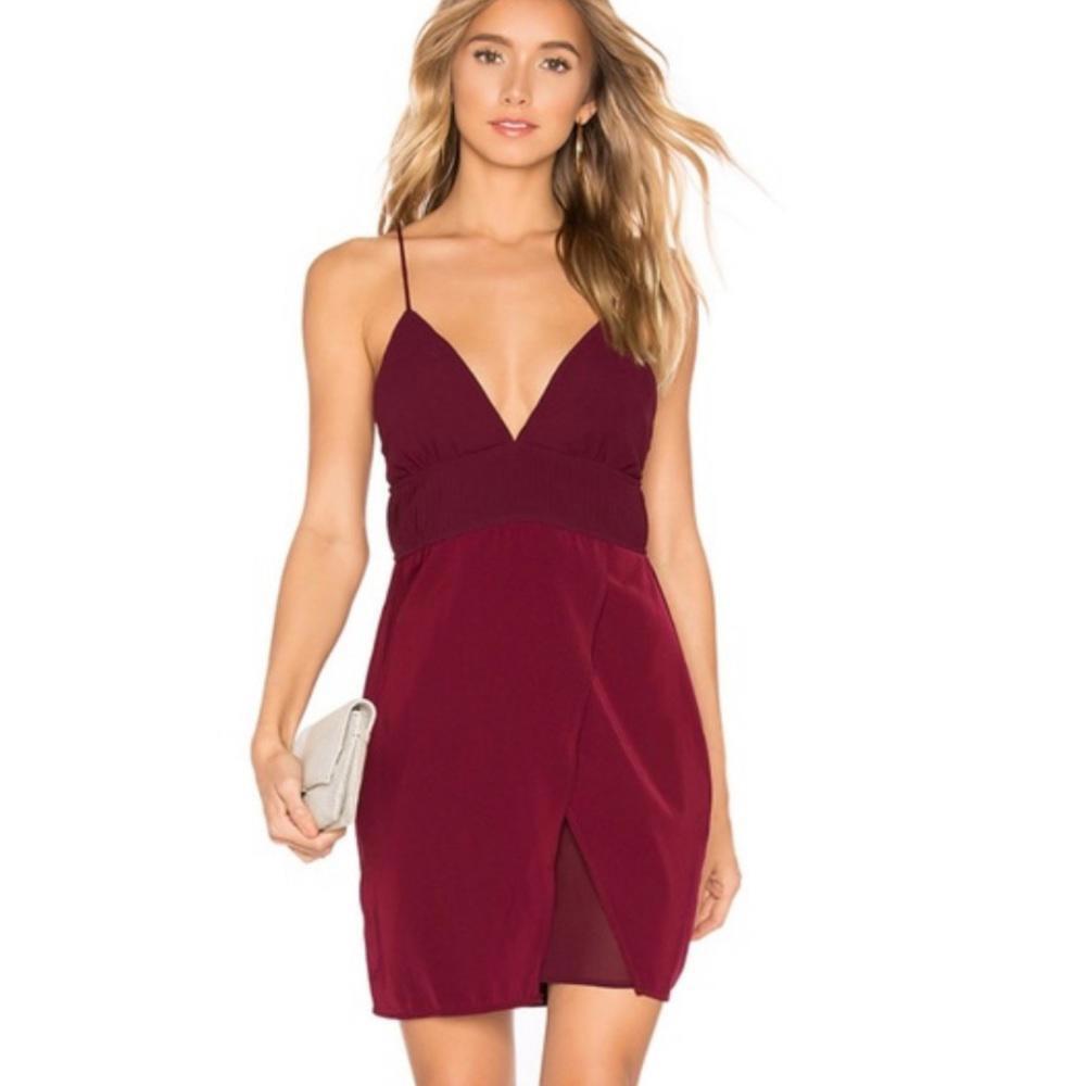 About Us x revolve Andrea Chiffon Mini Dress in Wine Red